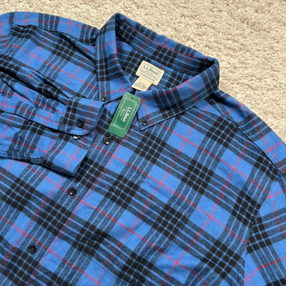 LL Bean Flannel Shirt XXXL 3XL Blue Scotch Plaid Traditional Fit New with Tags